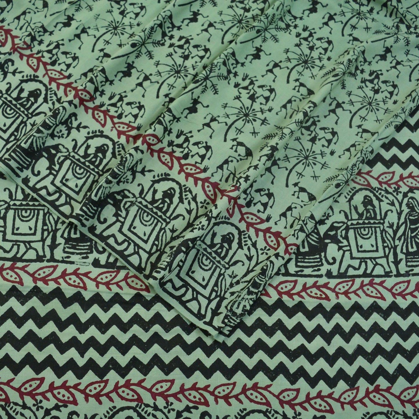 Indian Vintage Sari Green Pure Cotton Warli Print Saree 5Yd Craft Fabric Soft Sewing Sarong Wrap Boho Quilting Crafting Used Upcycle Dress