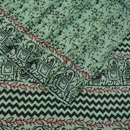 Indian Vintage Sari Green Pure Cotton Warli Print Saree 5Yd Craft Fabric Soft Sewing Sarong Wrap Boho Quilting Crafting Used Upcycle Dress