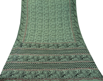 Indian Vintage Sari Green Pure Cotton Warli Print Saree 5Yd Craft Fabric Soft Sewing Sarong Wrap Boho Quilting Crafting Used Upcycle Dress