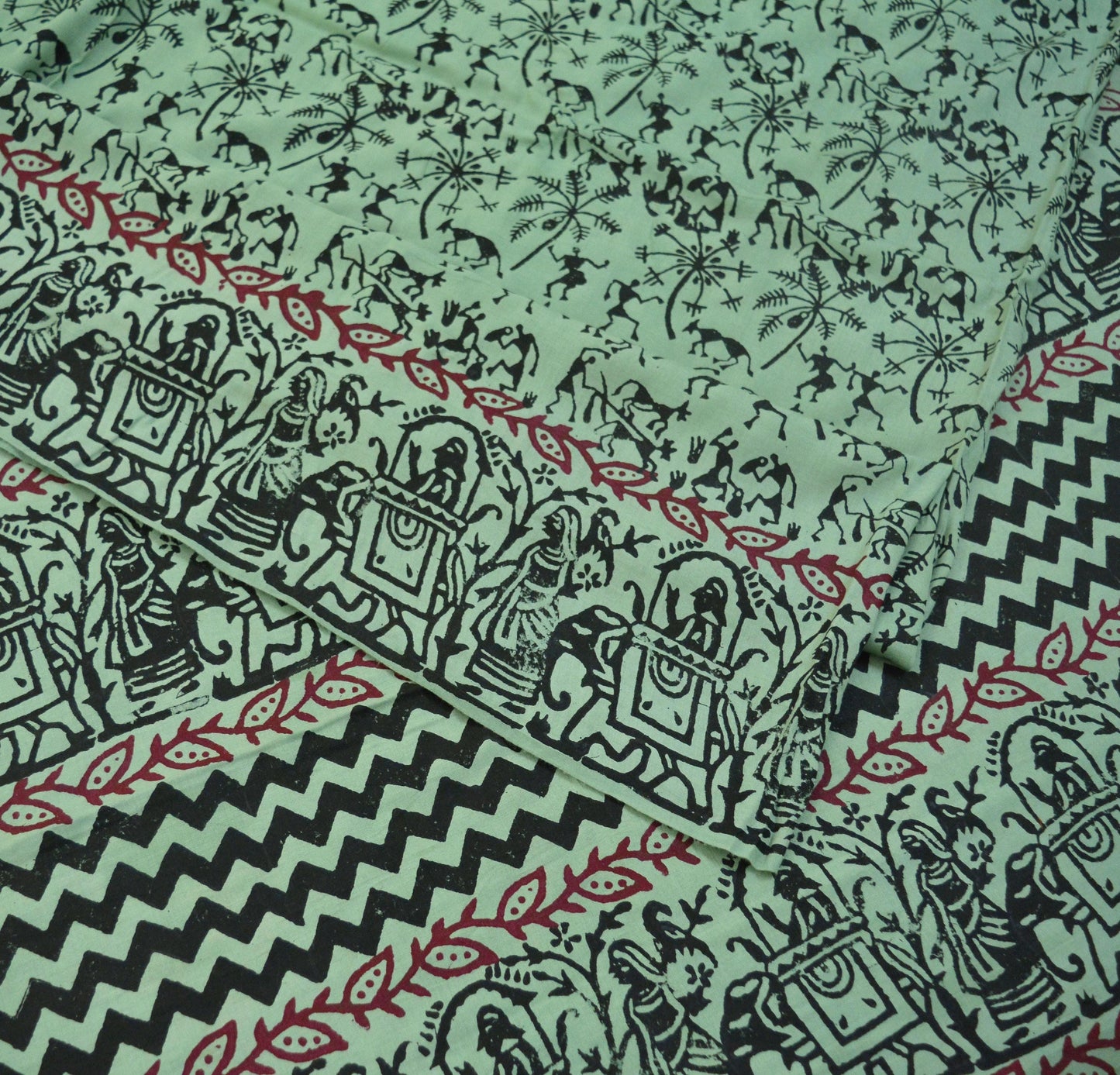 Indian Vintage Sari Green Pure Cotton Warli Print Saree 5Yd Craft Fabric Soft Sewing Sarong Wrap Boho Quilting Crafting Used Upcycle Dress