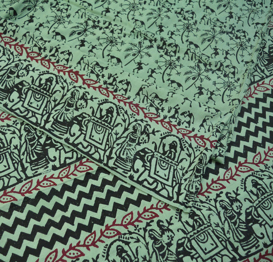 Indian Vintage Sari Green Pure Cotton Warli Print Saree 5Yd Craft Fabric Soft Sewing Sarong Wrap Boho Quilting Crafting Used Upcycle Dress