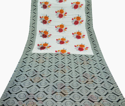 Indian Vintage Black & White Saree Printed Pure Cotton Indian Sari Craft Fabric 5Yd Sewing Soft Sarong Wrap Boho Floral Quilting Crafting