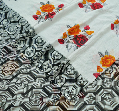 Indian Vintage Black & White Saree Printed Pure Cotton Indian Sari Craft Fabric 5Yd Sewing Soft Sarong Wrap Boho Floral Quilting Crafting