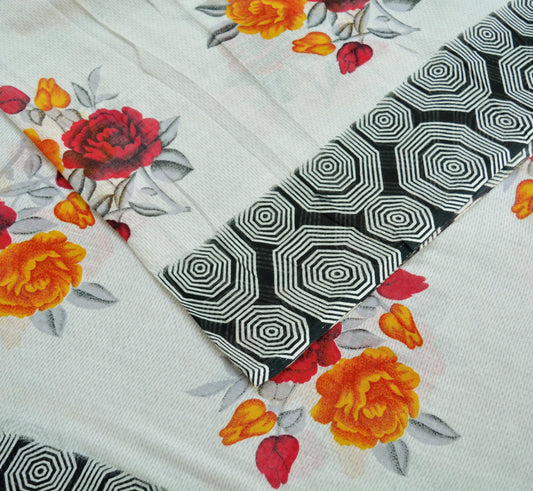 Indian Vintage Black & White Saree Printed Pure Cotton Indian Sari Craft Fabric 5Yd Sewing Soft Sarong Wrap Boho Floral Quilting Crafting