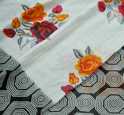 Indian Vintage Black & White Saree Printed Pure Cotton Indian Sari Craft Fabric 5Yd Sewing Soft Sarong Wrap Boho Floral Quilting Crafting