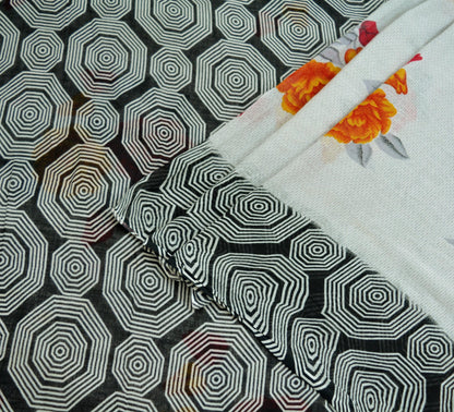 Indian Vintage Black & White Saree Printed Pure Cotton Indian Sari Craft Fabric 5Yd Sewing Soft Sarong Wrap Boho Floral Quilting Crafting