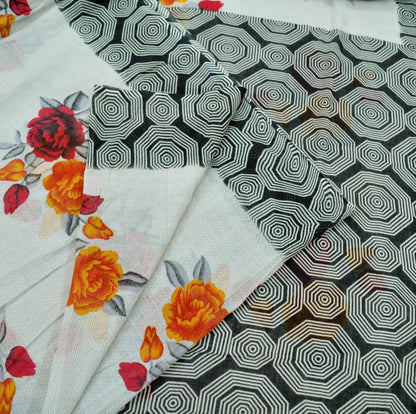 Indian Vintage Black & White Saree Printed Pure Cotton Indian Sari Craft Fabric 5Yd Sewing Soft Sarong Wrap Boho Floral Quilting Crafting