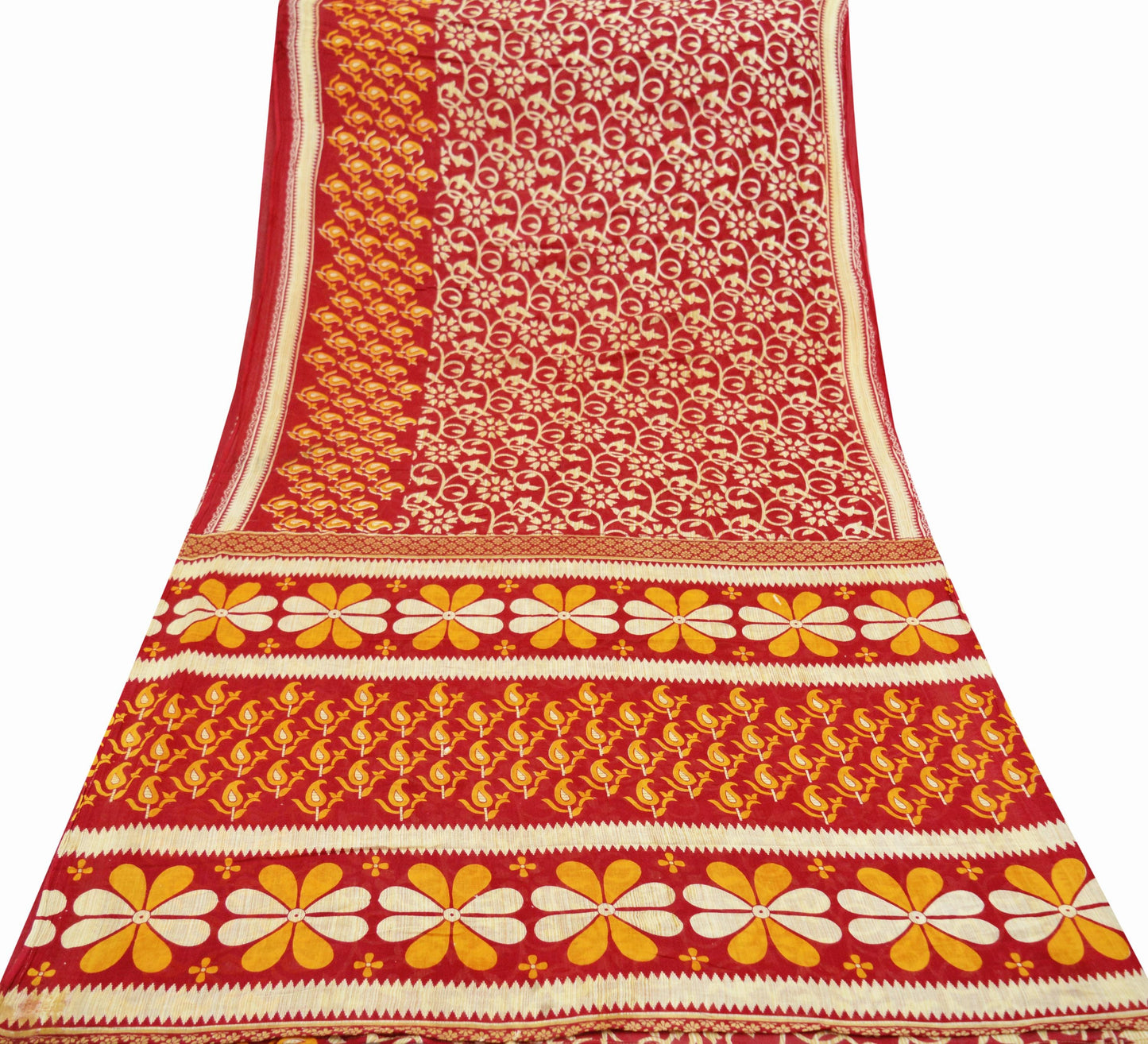 Indian Vintage Red Saree Printed Pure Cotton Indian Sari Craft Fabric Soft 5Yd Sewing Sarong Wrap Boho Floral Quilting Crafting Upcycle