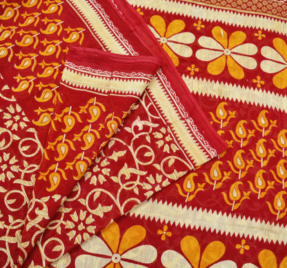 Indian Vintage Red Saree Printed Pure Cotton Indian Sari Craft Fabric Soft 5Yd Sewing Sarong Wrap Boho Floral Quilting Crafting Upcycle