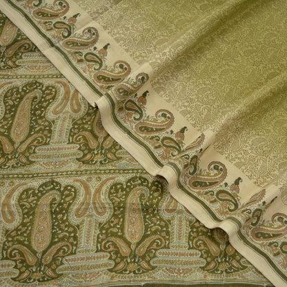 Indian Vintage Sari Cream & Green Pure Crepe Silk Printed Sarees 5yd Sewing Soft Craft Fabric Wrap Upcycle Quilting Crafting Dress making