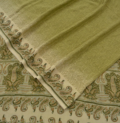 Indian Vintage Sari Cream & Green Pure Crepe Silk Printed Sarees 5yd Sewing Soft Craft Fabric Wrap Upcycle Quilting Crafting Dress making