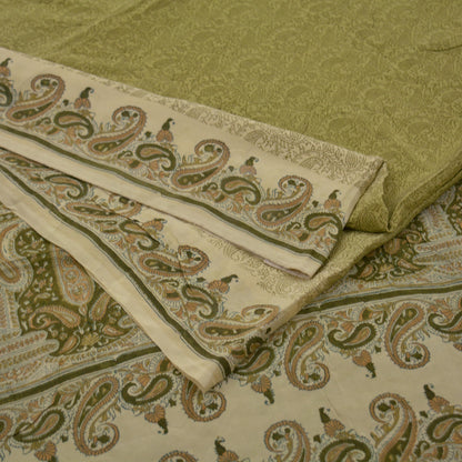 Indian Vintage Sari Cream & Green Pure Crepe Silk Printed Sarees 5yd Sewing Soft Craft Fabric Wrap Upcycle Quilting Crafting Dress making