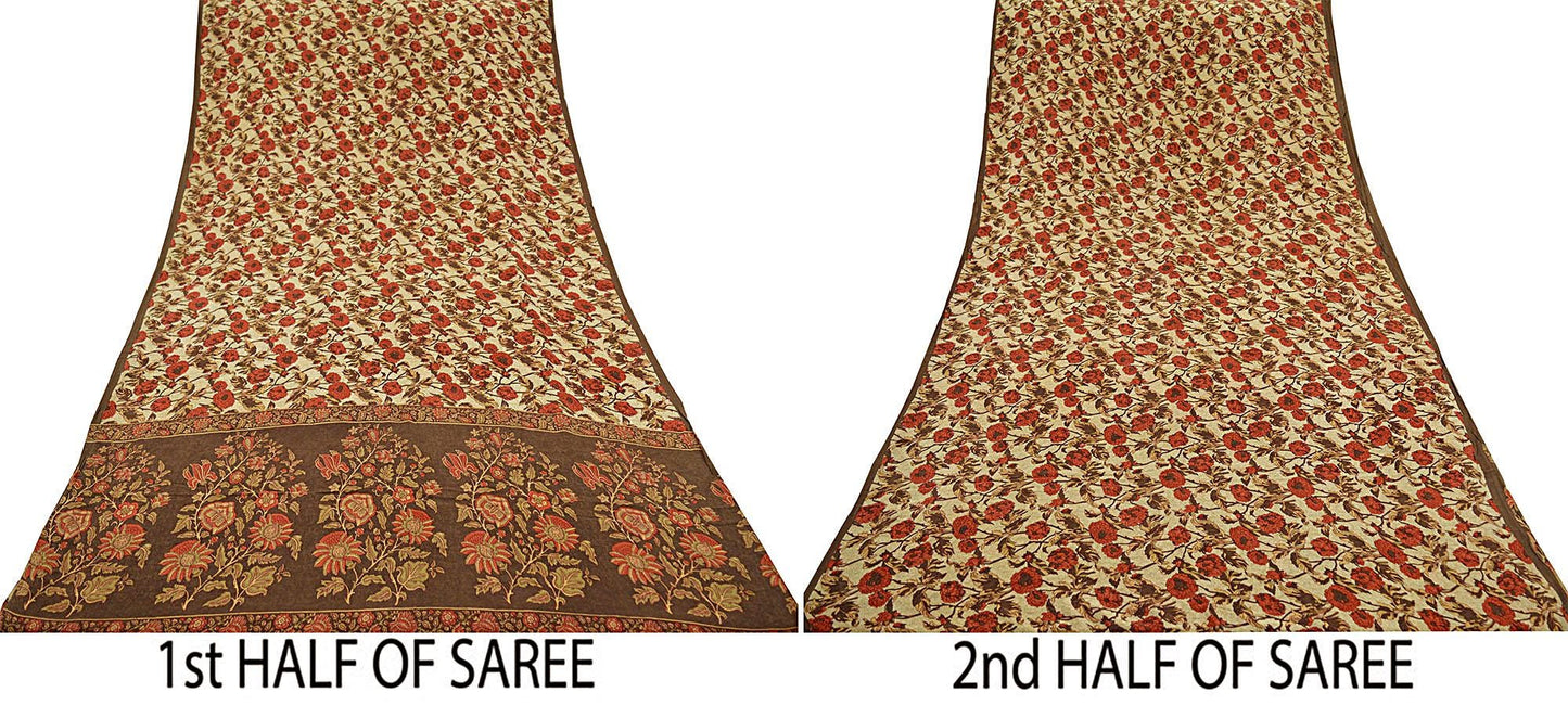 Indian Vintage Sari Brown & Beige Pure Crepe Silk Printed Sarees 5yd Sewing Craft Fabric  Floral Soft Wrap Dress making Upcycle Quilting