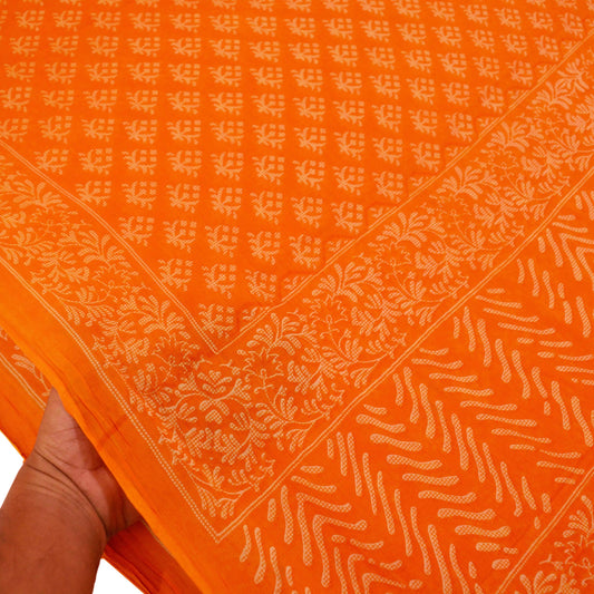 FREE SHIPPING Indian Vintage Sari Orange 100% Pure Cotton Printed Saree 5Yd Craft Fabric Soft Sewing Sarong Wrap  Floral Quilting Crafting