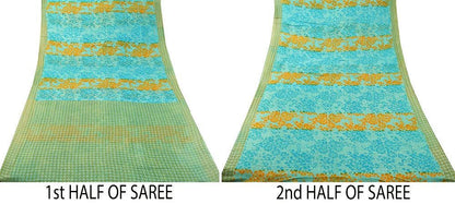 Indian Vintage Sari Blue & Green Pure Cotton Printed Sarees Craft Fabric 5Yd Soft Sewing Sarong Wrap Boho Floral Quilting Upcycle Crafting