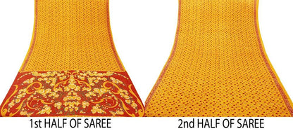 Indian Vintage Sari Saffron & Red 100% Pure Silk Printed Sarees 6yd Sewing Craft Fabric DressMaking Soft Floral Quilting Crafting Upcycle