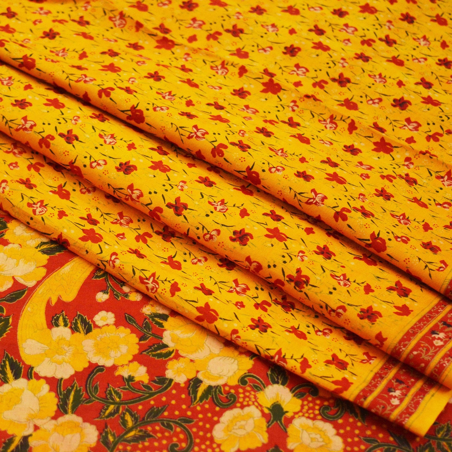 Indian Vintage Sari Saffron & Red 100% Pure Silk Printed Sarees 6yd Sewing Craft Fabric DressMaking Soft Floral Quilting Crafting Upcycle