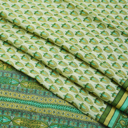 Indian Vintage Sari Ivory & Green Pure Silk Printed Sarees 5yd Sewing Craft Fabric DressMaking Soft Floral Quilting Crafting Upcycle Wrap