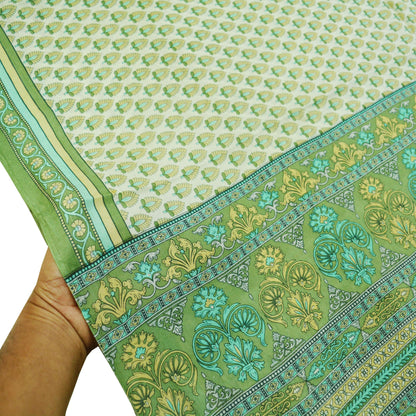 Indian Vintage Sari Ivory & Green Pure Silk Printed Sarees 5yd Sewing Craft Fabric DressMaking Soft Floral Quilting Crafting Upcycle Wrap