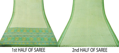 Indian Vintage Sari Ivory & Green Pure Silk Printed Sarees 5yd Sewing Craft Fabric DressMaking Soft Floral Quilting Crafting Upcycle Wrap