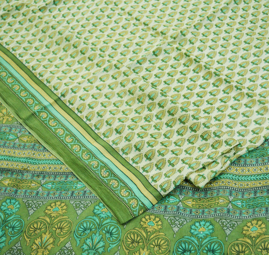 Indian Vintage Sari Ivory & Green Pure Silk Printed Sarees 5yd Sewing Craft Fabric DressMaking Soft Floral Quilting Crafting Upcycle Wrap