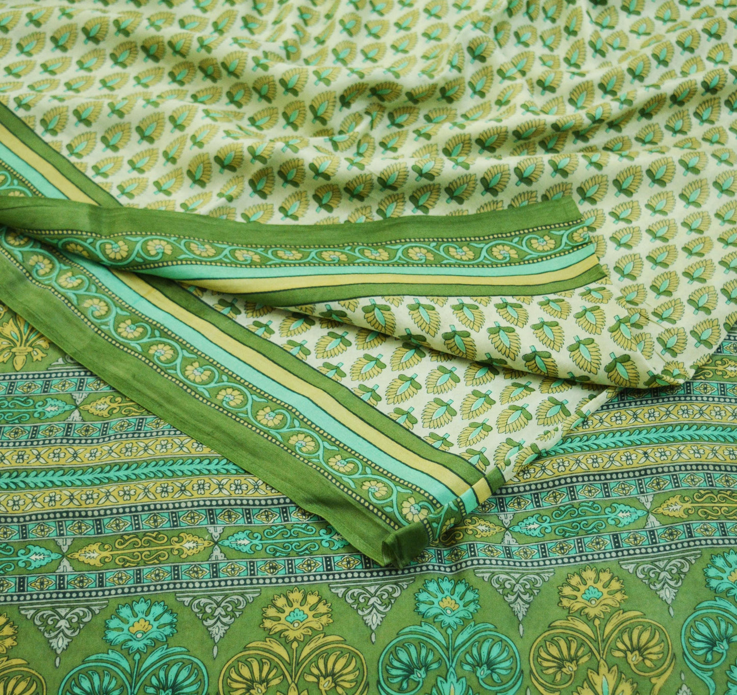 Indian Vintage Sari Ivory & Green Pure Silk Printed Sarees 5yd Sewing Craft Fabric DressMaking Soft Floral Quilting Crafting Upcycle Wrap