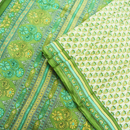 Indian Vintage Sari Ivory & Green Pure Silk Printed Sarees 5yd Sewing Craft Fabric DressMaking Soft Floral Quilting Crafting Upcycle Wrap