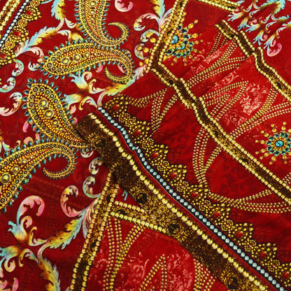 Indian Women Vintage Sari Red Pure Georgette Silk Digital Printed Sarees 5Yd Craft Fabric Sewing Light Dress Making Paisley Quilting Upcycle