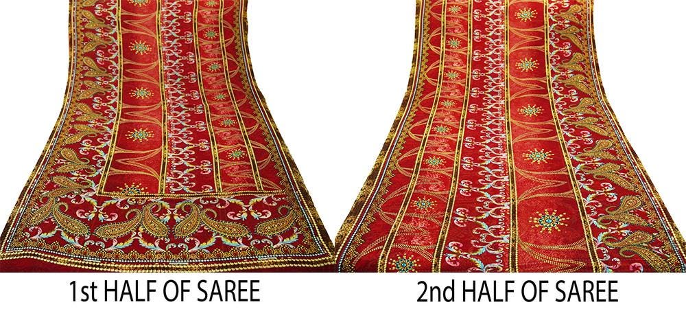 Indian Women Vintage Sari Red Pure Georgette Silk Digital Printed Sarees 5Yd Craft Fabric Sewing Light Dress Making Paisley Quilting Upcycle