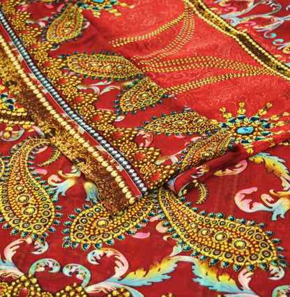 Indian Women Vintage Sari Red Pure Georgette Silk Digital Printed Sarees 5Yd Craft Fabric Sewing Light Dress Making Paisley Quilting Upcycle