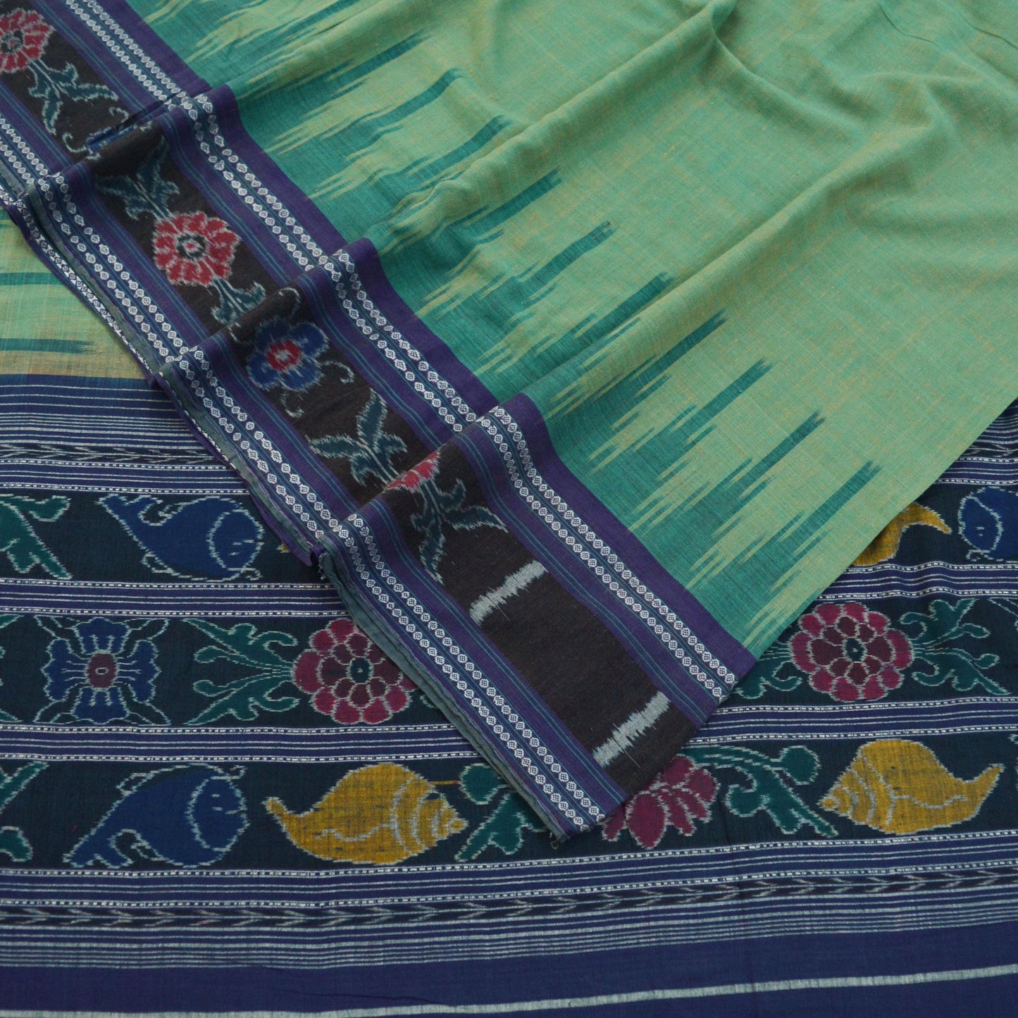 Indian Vintage Sari Green & Blue Pure Cotton Hand woven Sambalpuri Ikat Saree Ethnic Craft Fabric 5Yard Chackra Border Fringes Upcycle Soft