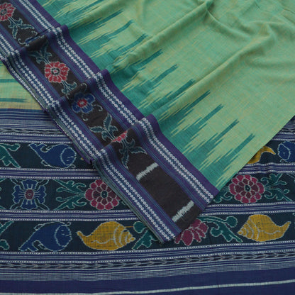 Indian Vintage Sari Green & Blue Pure Cotton Hand woven Sambalpuri Ikat Saree Ethnic Craft Fabric 5Yard Chackra Border Fringes Upcycle Soft