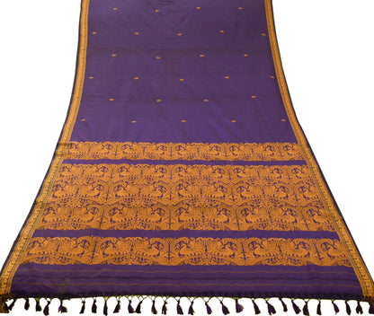 Indian Vintage Sari Purple Art Silk Hand Woven Baluchari Saree 5yd Ethnic Peacock Design Fringes Craft Fabric Wedding Sarees