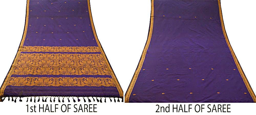 Indian Vintage Sari Purple Art Silk Hand Woven Baluchari Saree 5yd Ethnic Peacock Design Fringes Craft Fabric Wedding Sarees