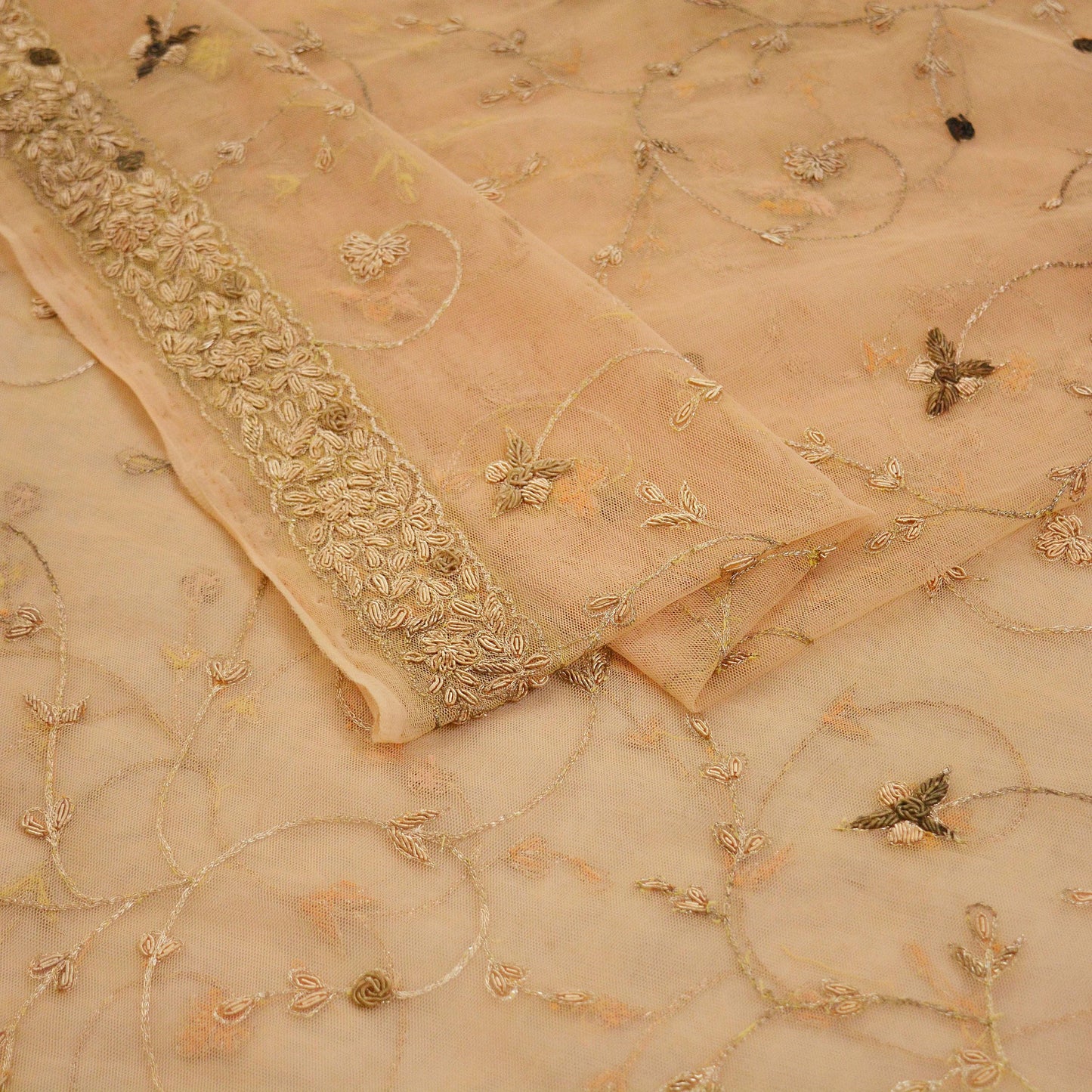 Indian Vintage Heavy Bridal Dupatta Peach Net Mesh Long Stole Hand Embroidered Scarves Golden Zardozi Dabka Zari Wedding/Party Wear