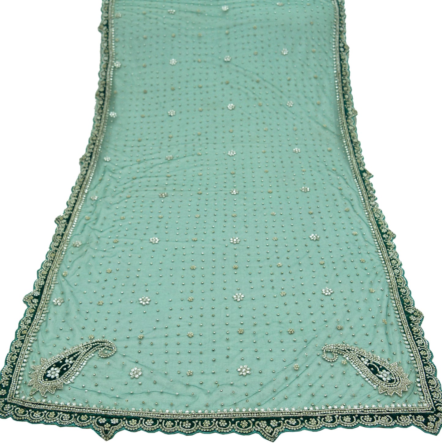 Indian Vintage Heavy Bridal Green Dupatta Net Mesh Long Stole Hand Embroidered Scarf Golden Zardozi Zari Sequins Stole Wedding Veil Hijab