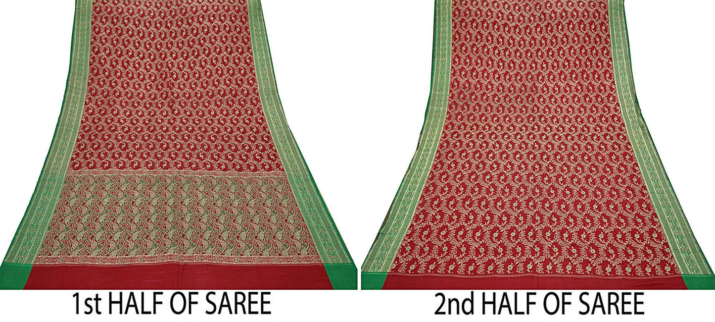 Indian Vintage Sari Dark Red Heavy Wedding Pure Satin Silk Woven Banarasi Brocade Saree Zari 5Yd Dress Making Craft Fabric Upcycle Crafting