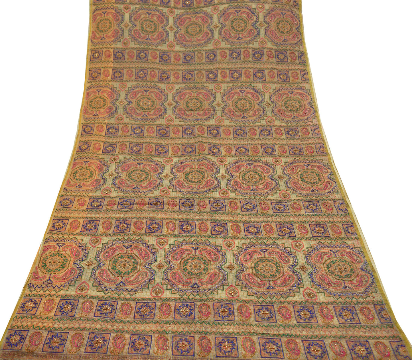 Indian Vintage Sari Beige Hand Embroidered Pure Organza Saree Craft Fabric 5Yd Ethnic Floral zari Dress making Quilting Upcycle Crafting