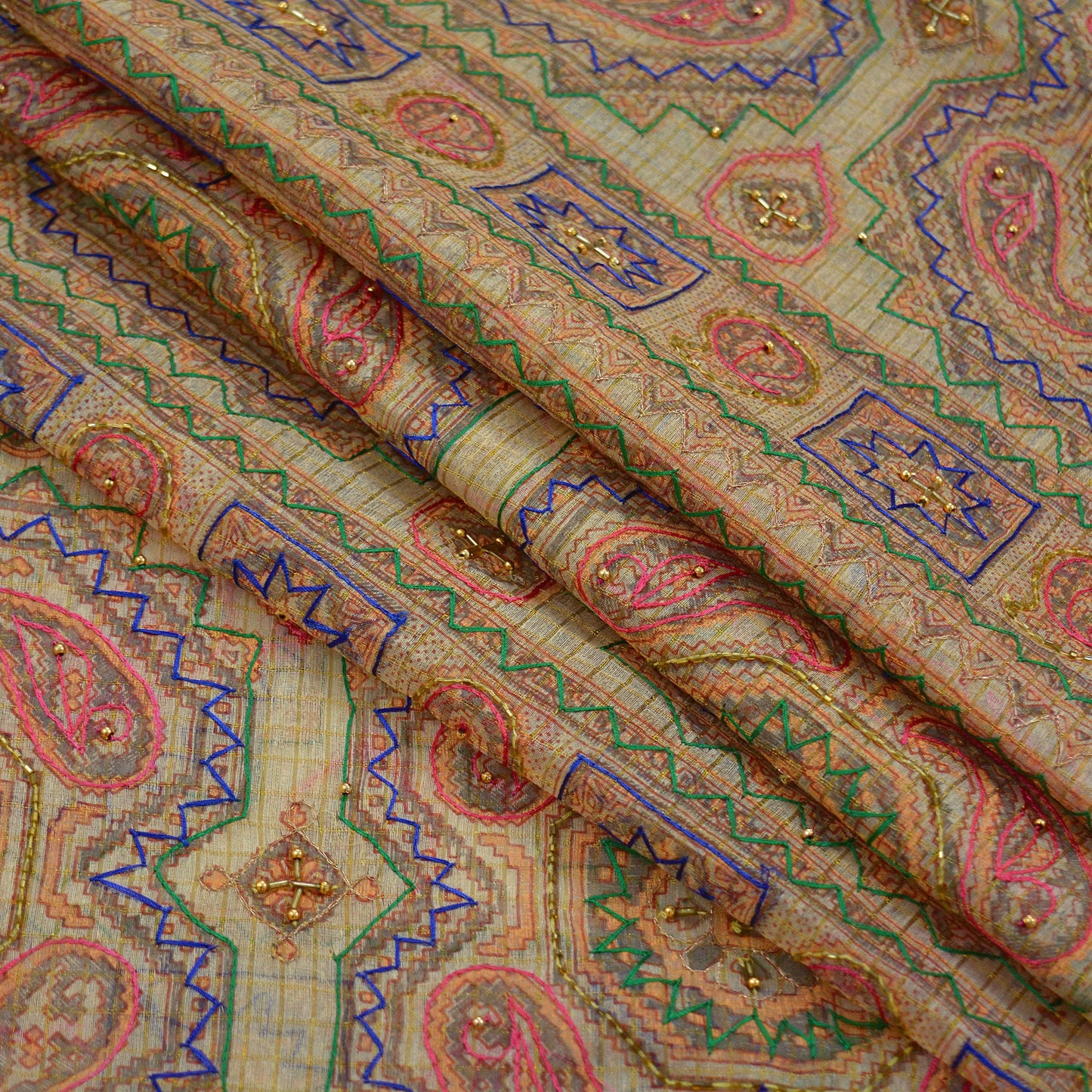 Indian Vintage Sari Beige Hand Embroidered Pure Organza Saree Craft Fabric 5Yd Ethnic Floral zari Dress making Quilting Upcycle Crafting