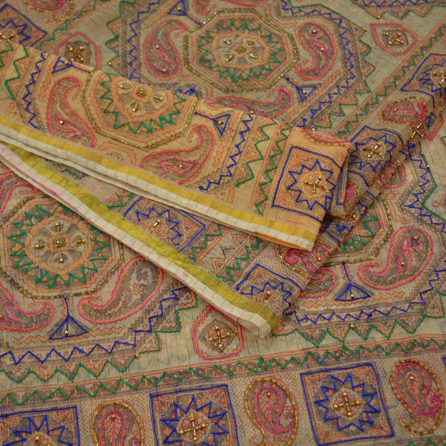Indian Vintage Sari Beige Hand Embroidered Pure Organza Saree Craft Fabric 5Yd Ethnic Floral zari Dress making Quilting Upcycle Crafting