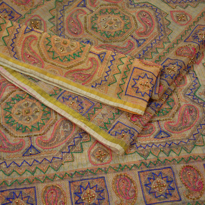 Indian Vintage Sari Beige Hand Embroidered Pure Organza Saree Craft Fabric 5Yd Ethnic Floral zari Dress making Quilting Upcycle Crafting