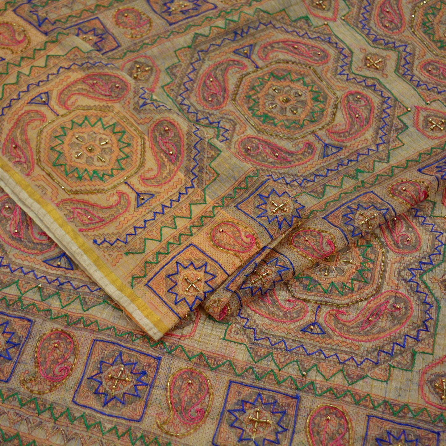 Indian Vintage Sari Beige Hand Embroidered Pure Organza Saree Craft Fabric 5Yd Ethnic Floral zari Dress making Quilting Upcycle Crafting