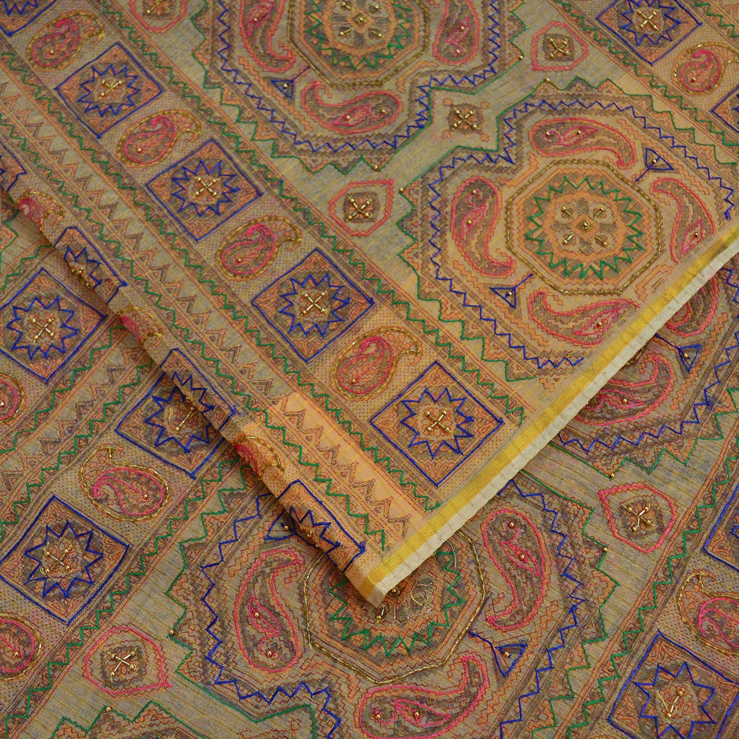 Indian Vintage Sari Beige Hand Embroidered Pure Organza Saree Craft Fabric 5Yd Ethnic Floral zari Dress making Quilting Upcycle Crafting