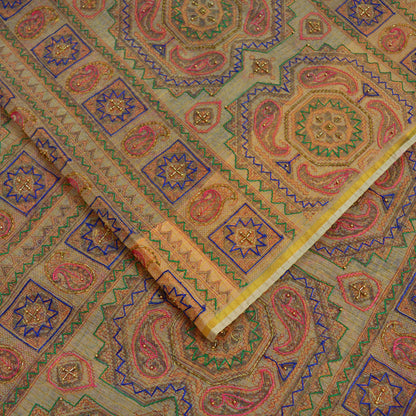 Indian Vintage Sari Beige Hand Embroidered Pure Organza Saree Craft Fabric 5Yd Ethnic Floral zari Dress making Quilting Upcycle Crafting