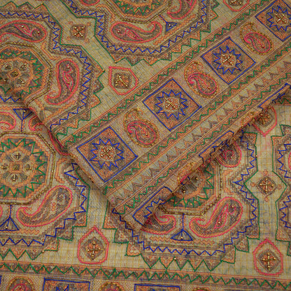 Indian Vintage Sari Beige Hand Embroidered Pure Organza Saree Craft Fabric 5Yd Ethnic Floral zari Dress making Quilting Upcycle Crafting