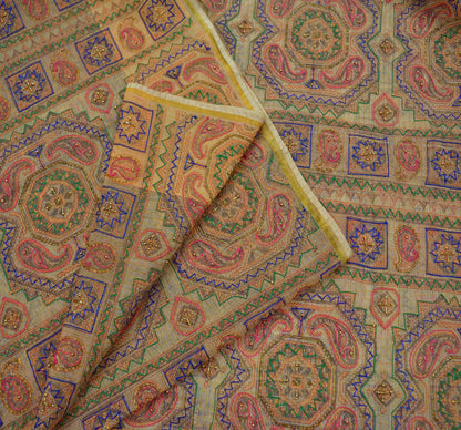Indian Vintage Sari Beige Hand Embroidered Pure Organza Saree Craft Fabric 5Yd Ethnic Floral zari Dress making Quilting Upcycle Crafting