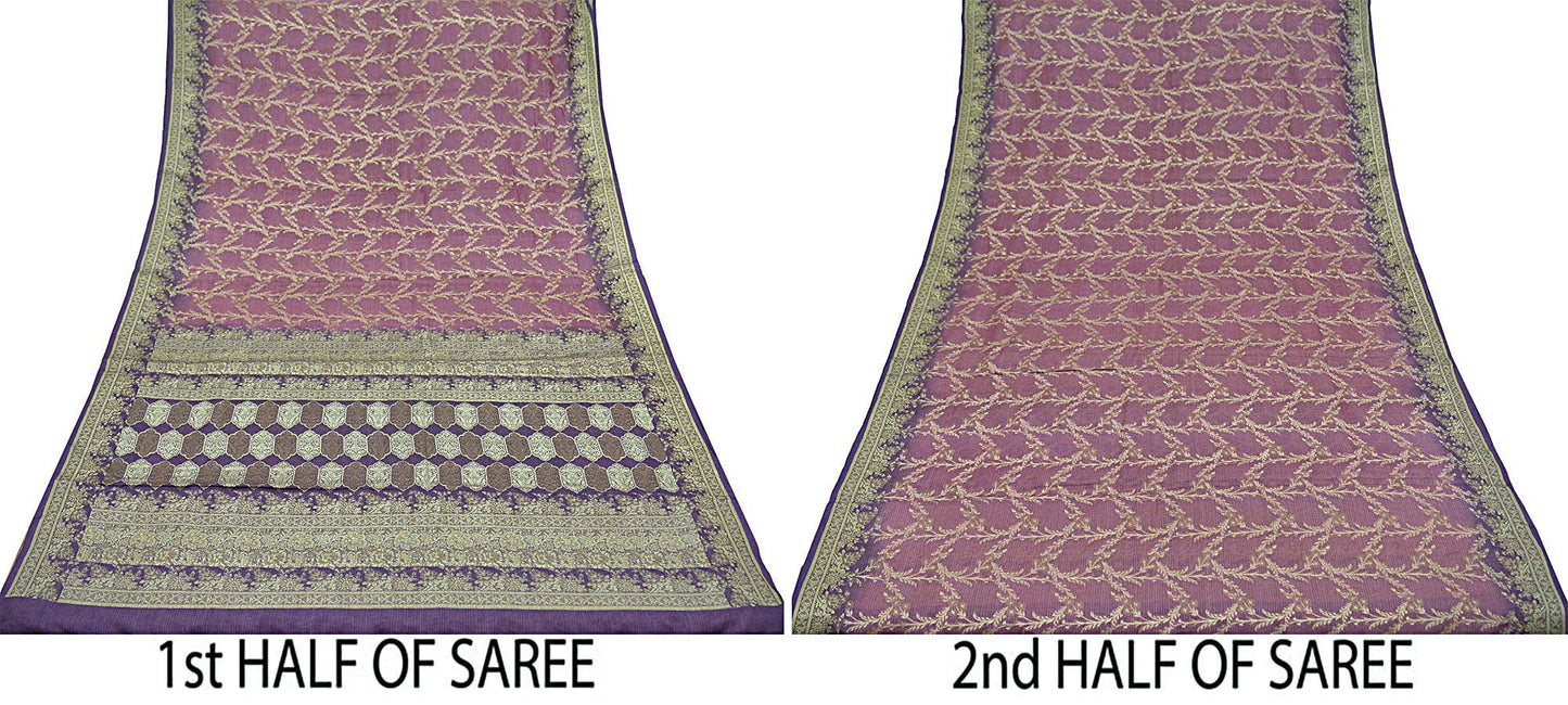 Indian Vintage Purple & Pink Sarees Pure Tussar Silk Hand Woven Sari Craft Fabric 5Yd Sewing Ethnic Dress making Upcycle Crafting Quilting