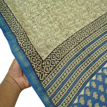 Indian Vintage Ivory & Blue Dupatta Long Stole Block Print Pure Chanderi Silk Scarves Veil Paisley Upcycle Party wear hijab Zari Border