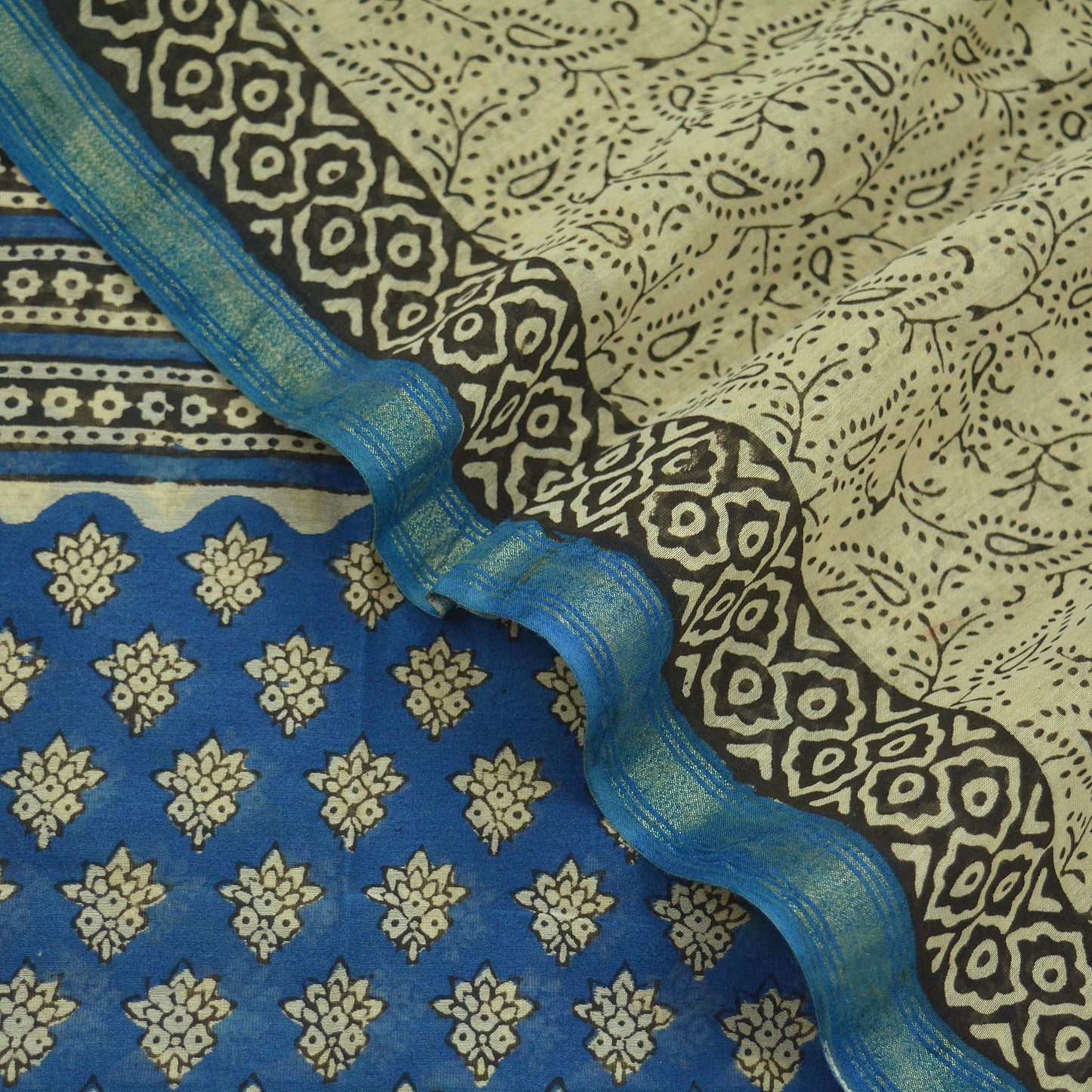 Indian Vintage Ivory & Blue Dupatta Long Stole Block Print Pure Chanderi Silk Scarves Veil Paisley Upcycle Party wear hijab Zari Border