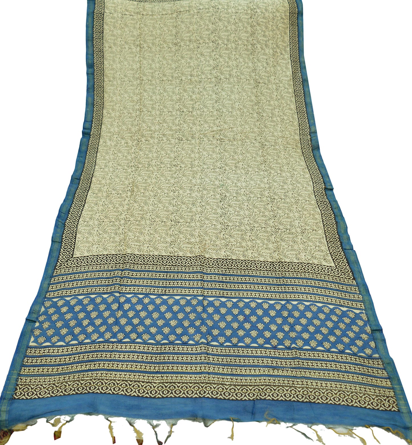 Indian Vintage Ivory & Blue Dupatta Long Stole Block Print Pure Chanderi Silk Scarves Veil Paisley Upcycle Party wear hijab Zari Border